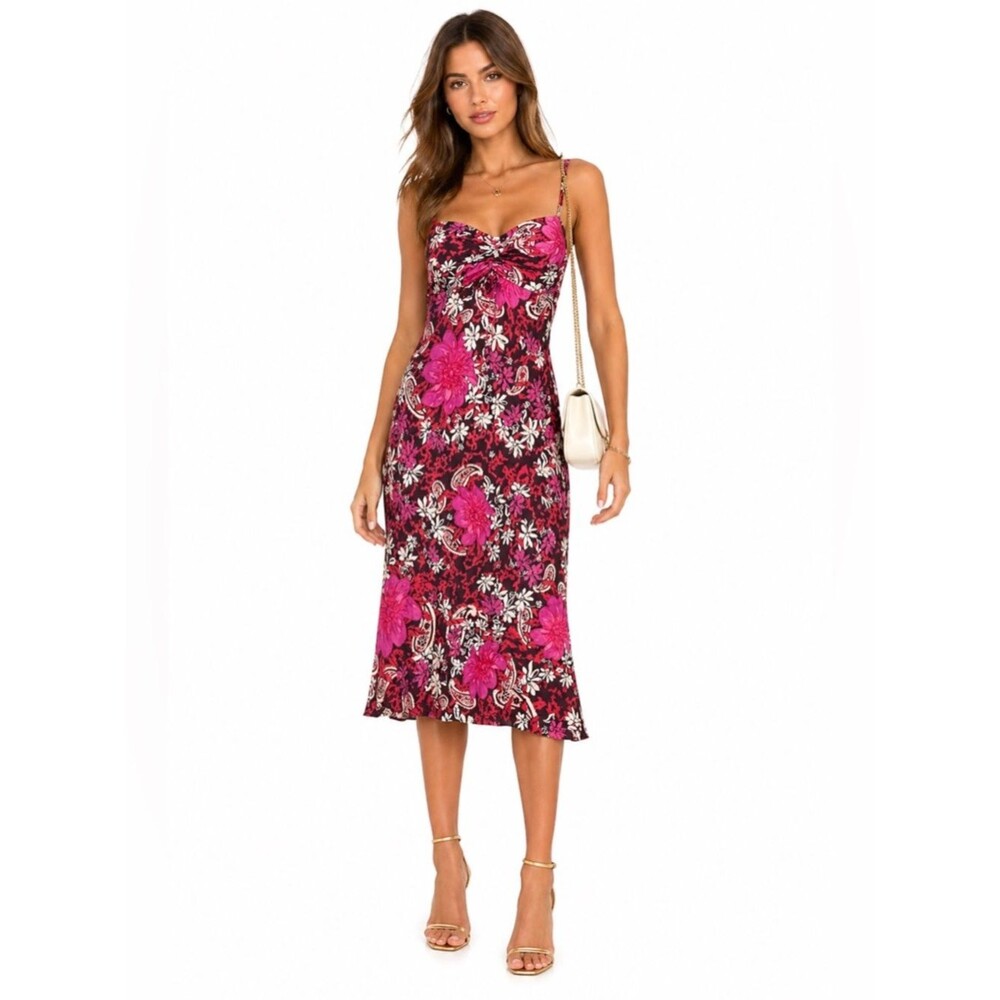 Free People floral midi dress ruched bust strappy slip boho S - Picture 1 of 6